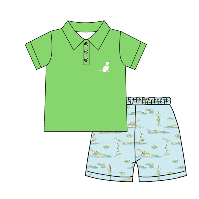 C12.5 BSSO1758 Baby Boys Green Button Dog Polo Shirt Crocodiles Short Hunting Clothes Sets Preorder