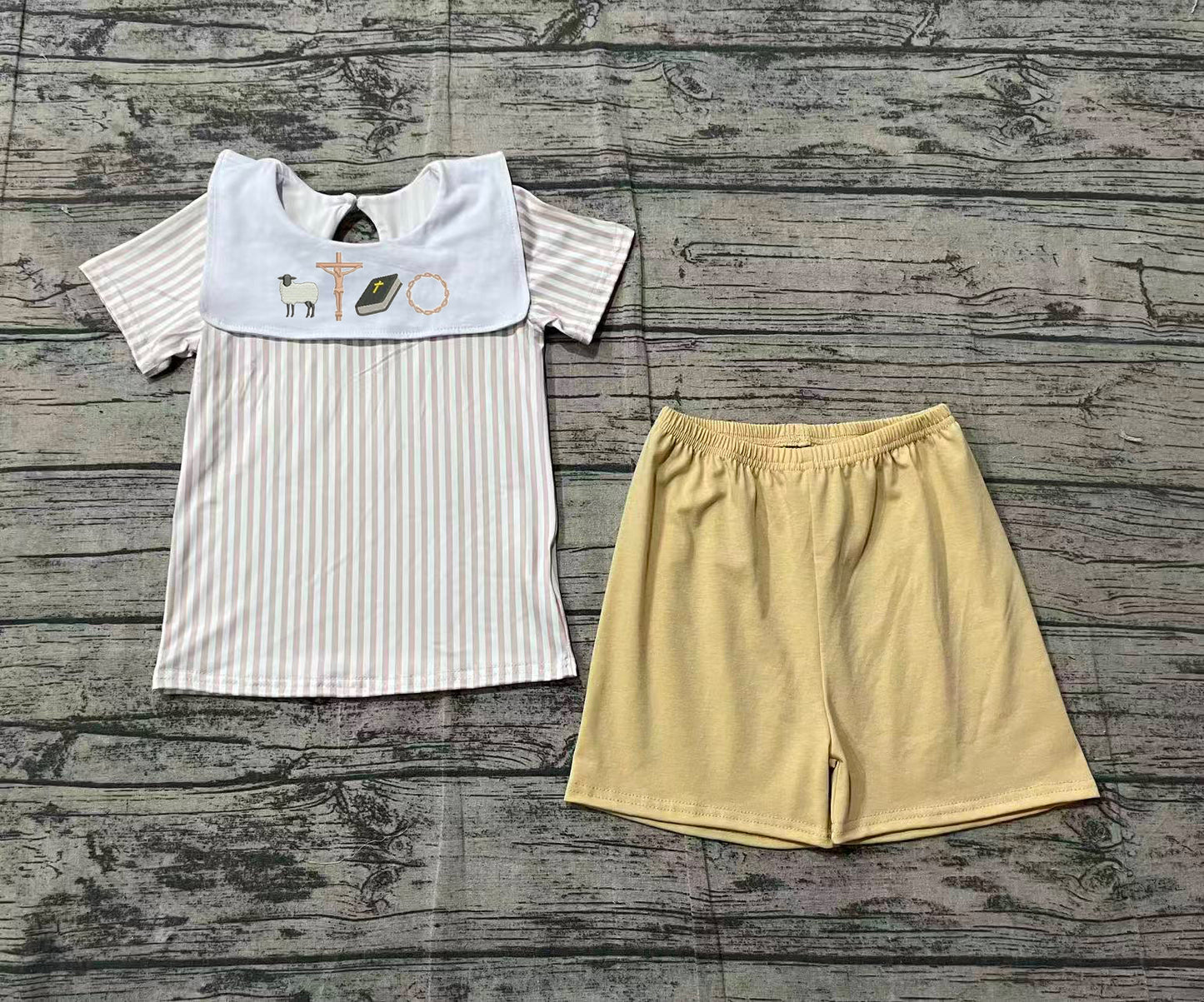 Sample BSSO1777 Embroidery Cross Baby Boys Stripe Top Shorts Easter Clothes Sets