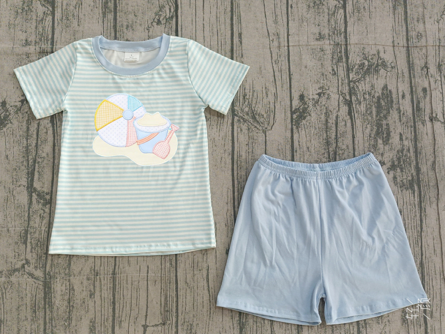 Sample BSSO1834 Cute Embroidery Beach Baby Boys Blue Stripe Top Shorts Clothes Sets