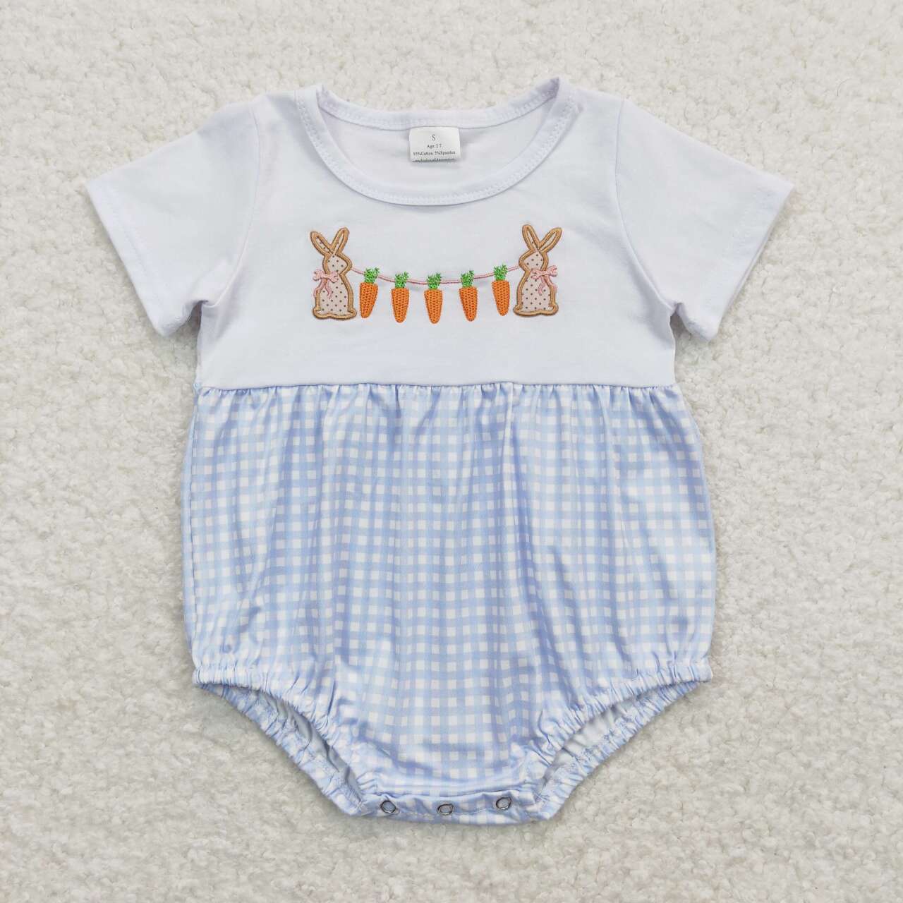 SR0723 Embroidered Rabbit Carrot blue and white checkered short-sleeved onesie