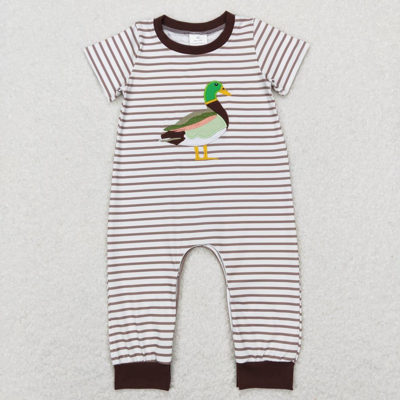SR0517 Embroidered duck stripe brown border short-sleeved onesie
