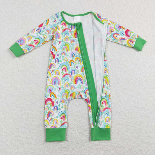 LR0883 Rainbow four-leaf Clover green zipper long-sleeved onesie