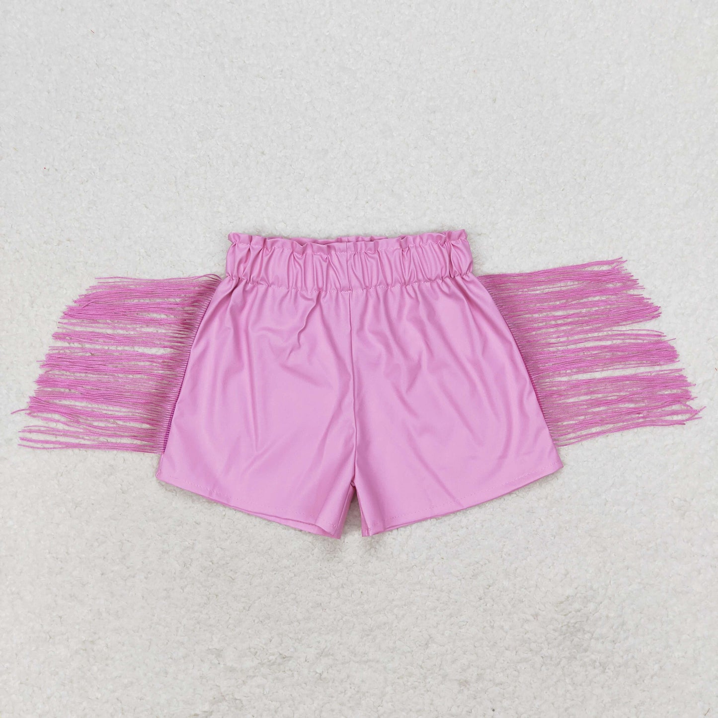 SS0222 Pink glossy leather fringed shorts