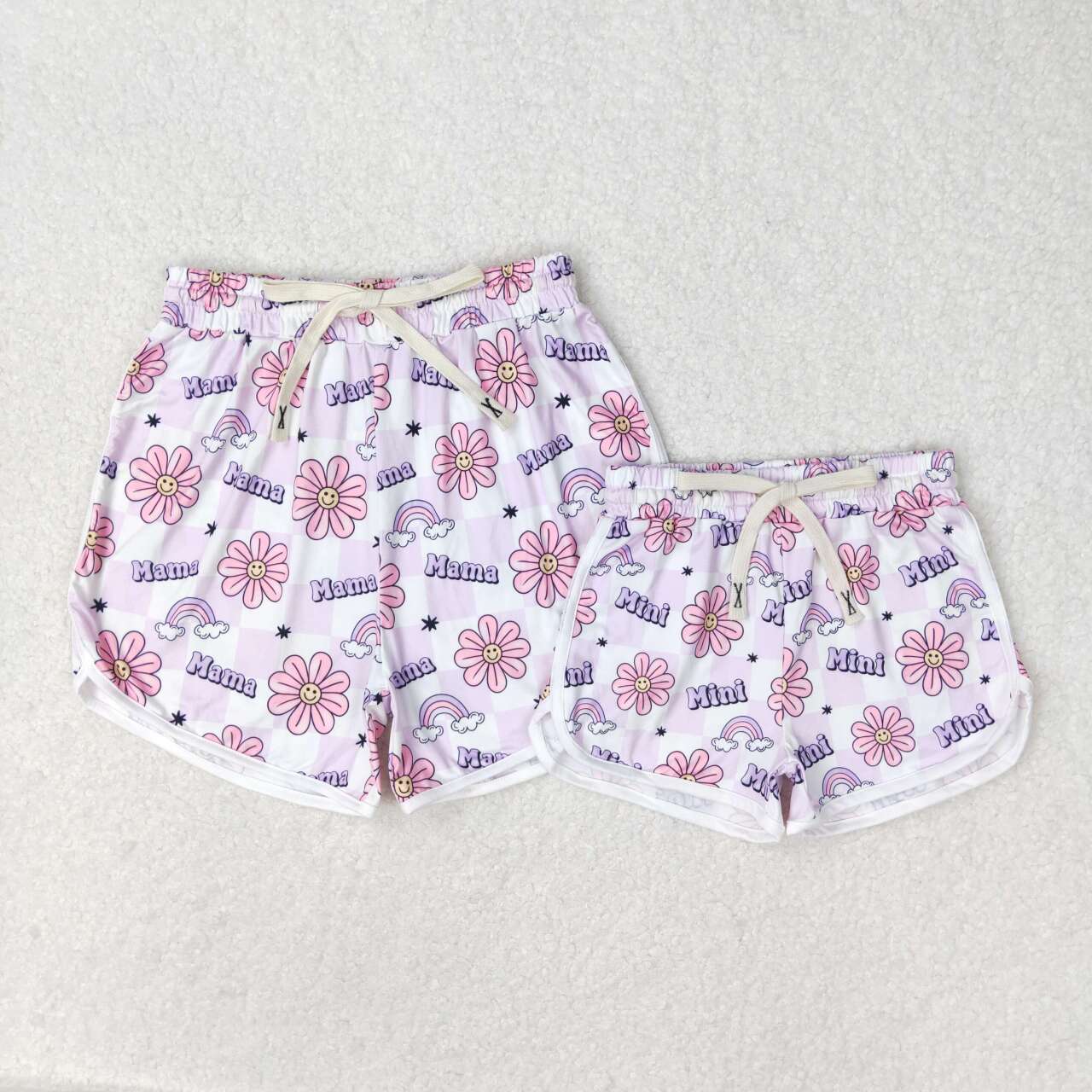 SS0172 Adult mama Flowers purple and white plaid shorts