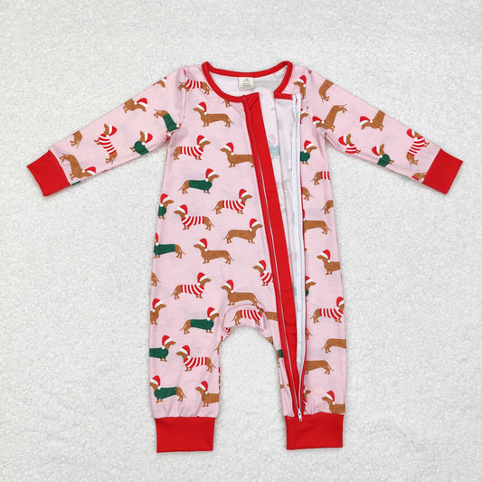 LR1081 Bamboo Christmas hat puppy pink zipper long sleeve onesie