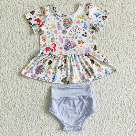 Sibling Baby girls cartoon summer bummie sets
