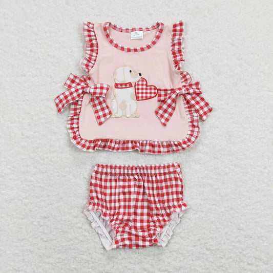 Sibling Baby Boys Girls Embroidery Heart Dogs Red Checked Pant Bummies Valentines Clothes Sets C11.29