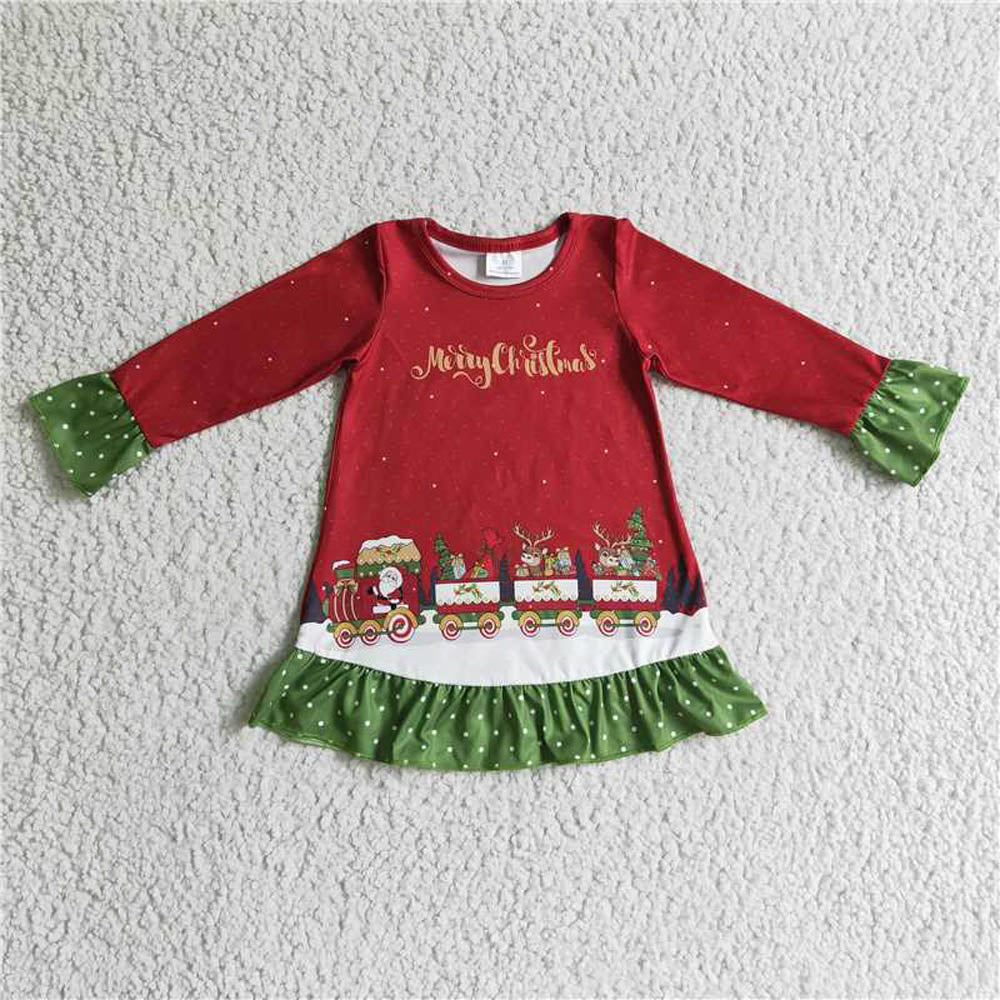 GLD0147 Girl Santa fawn Sleigh red long sleeve