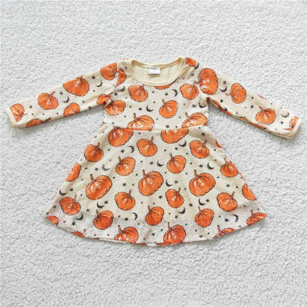GLD0271 Baby Girls Halloween Pumpkin Sequin Knee Length Dress