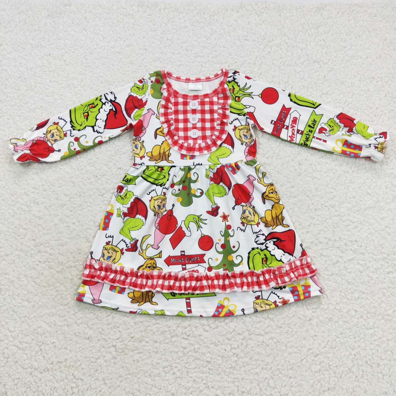 GLD0297 Christmas Cartoon girl red plaid lace long-sleeved dress