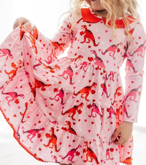 GLD0871 Baby Girls Valentines Hearts Dinosaurs Knee Length Dresses Preorder