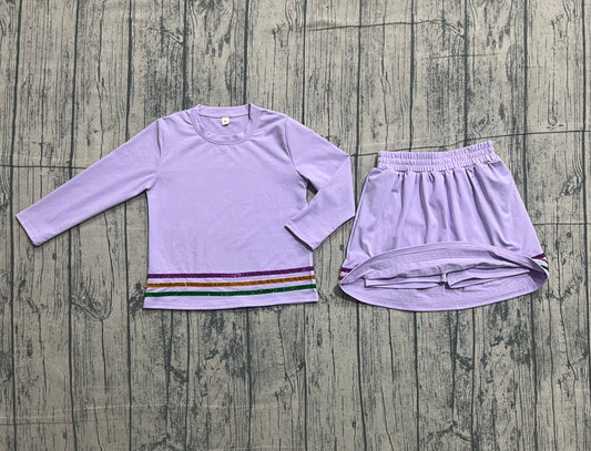 Sample GLD1573 Cute Baby Girls Purple Long Sleeve Mardigras Stripe Top Skirt Short Clothes Sets