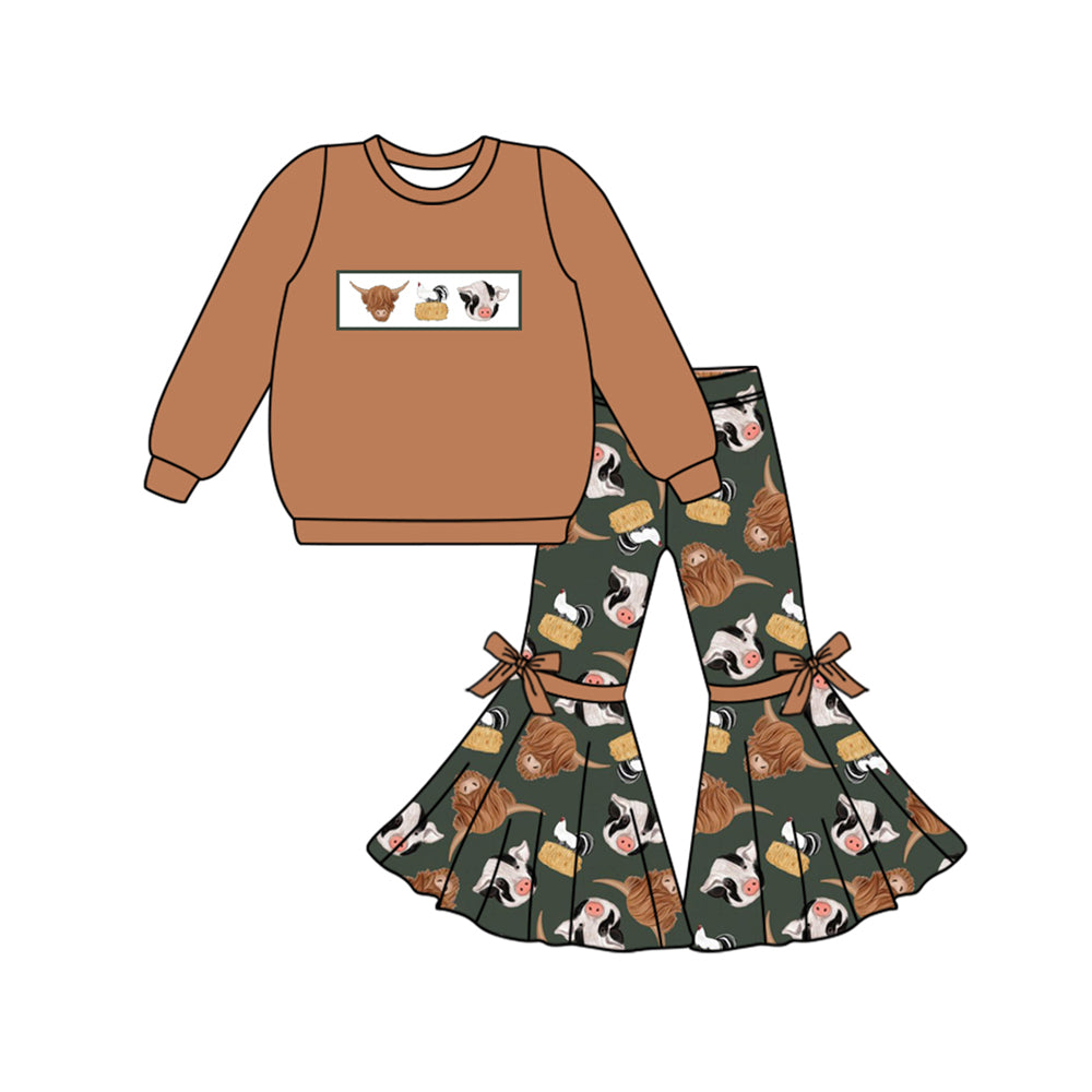 GLP1912 Baby Girls Western Cowgirl Farm Tops Bell Pants Clothes Sets Preorder