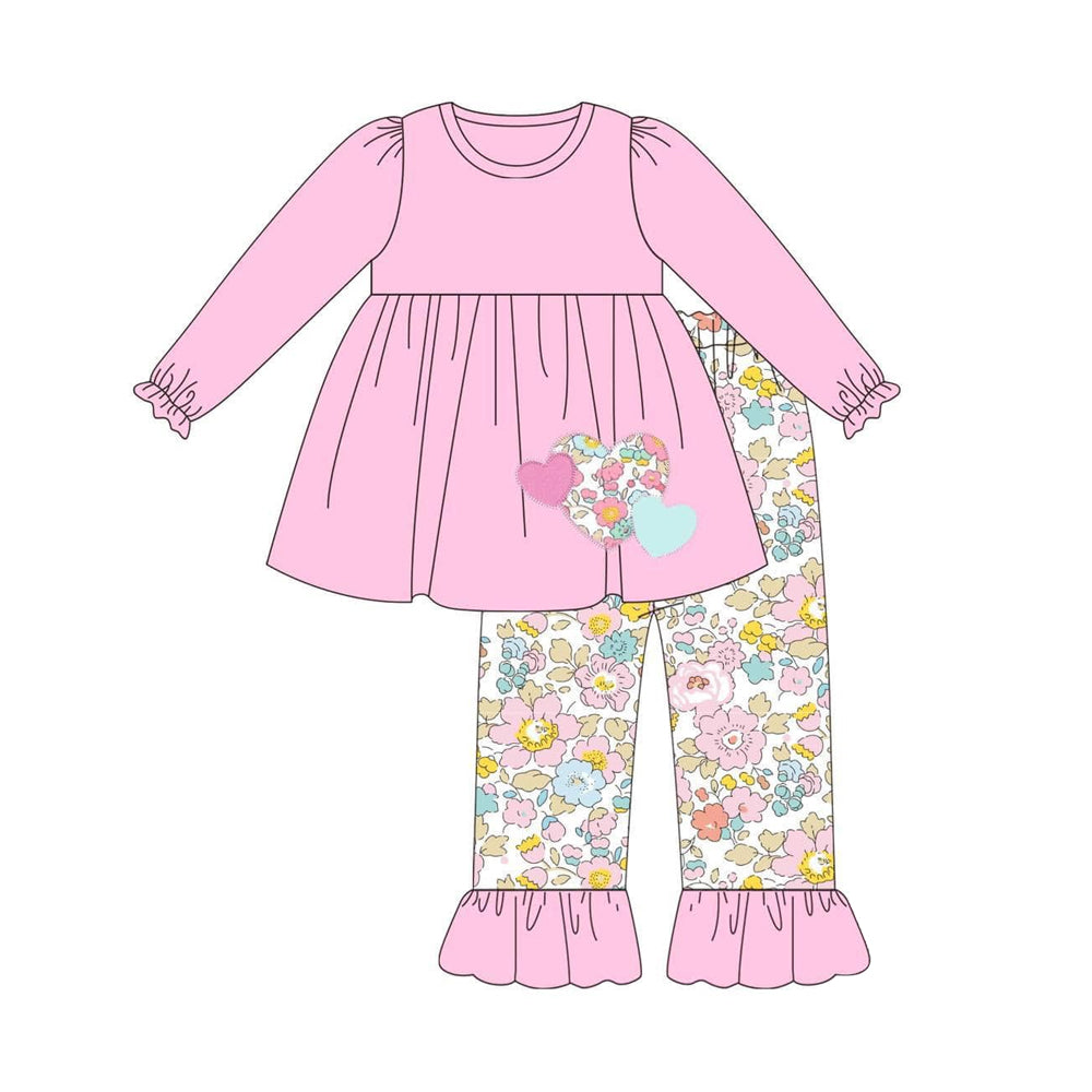 GLP1920 Baby Girls Valentines Pink Floral Heart Tops Ruffle Pants Clothes Sets Preorder
