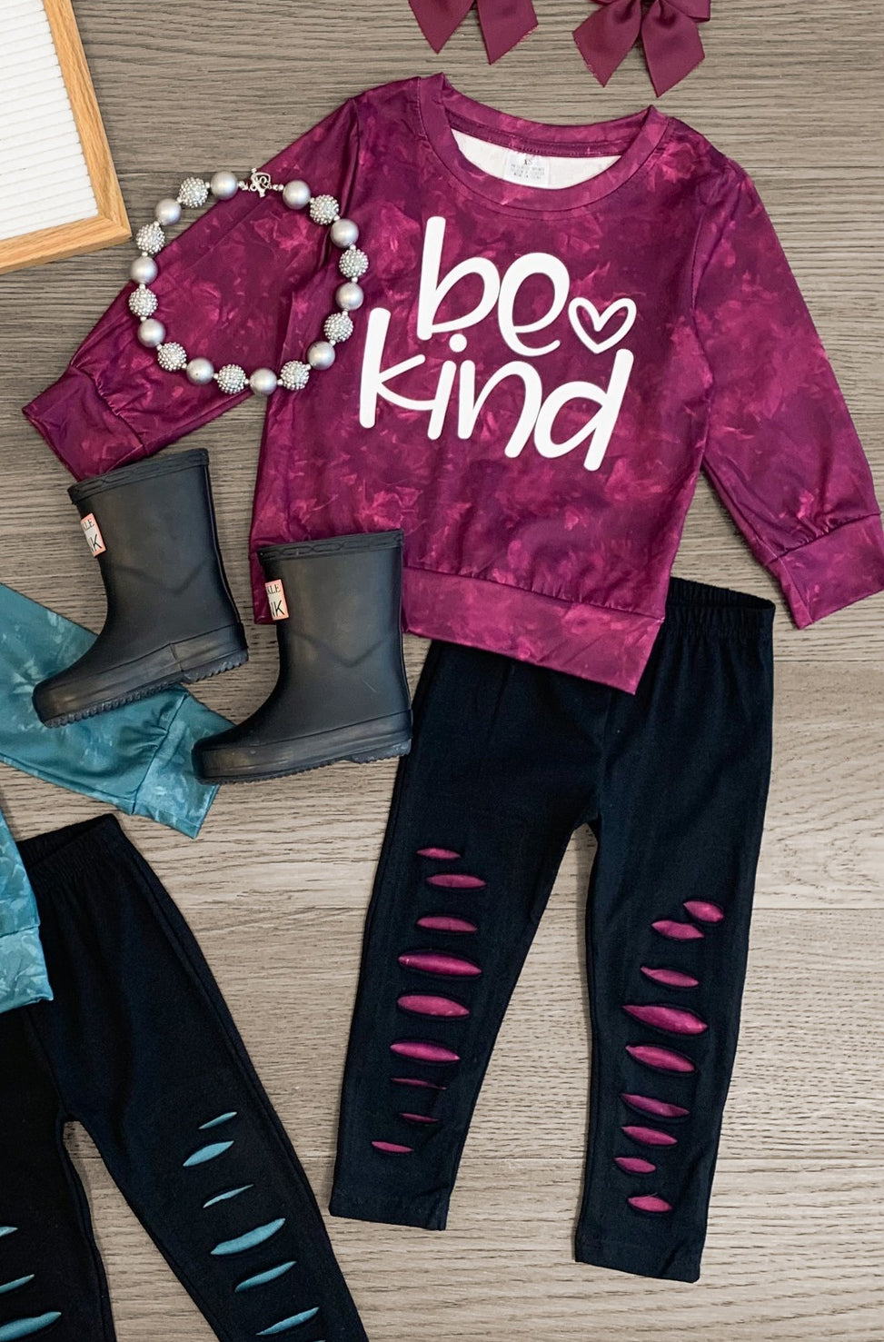 GLP1928 Baby Girls Be Kind Wine Tops Distressed Pants Clothes Sets Preorder