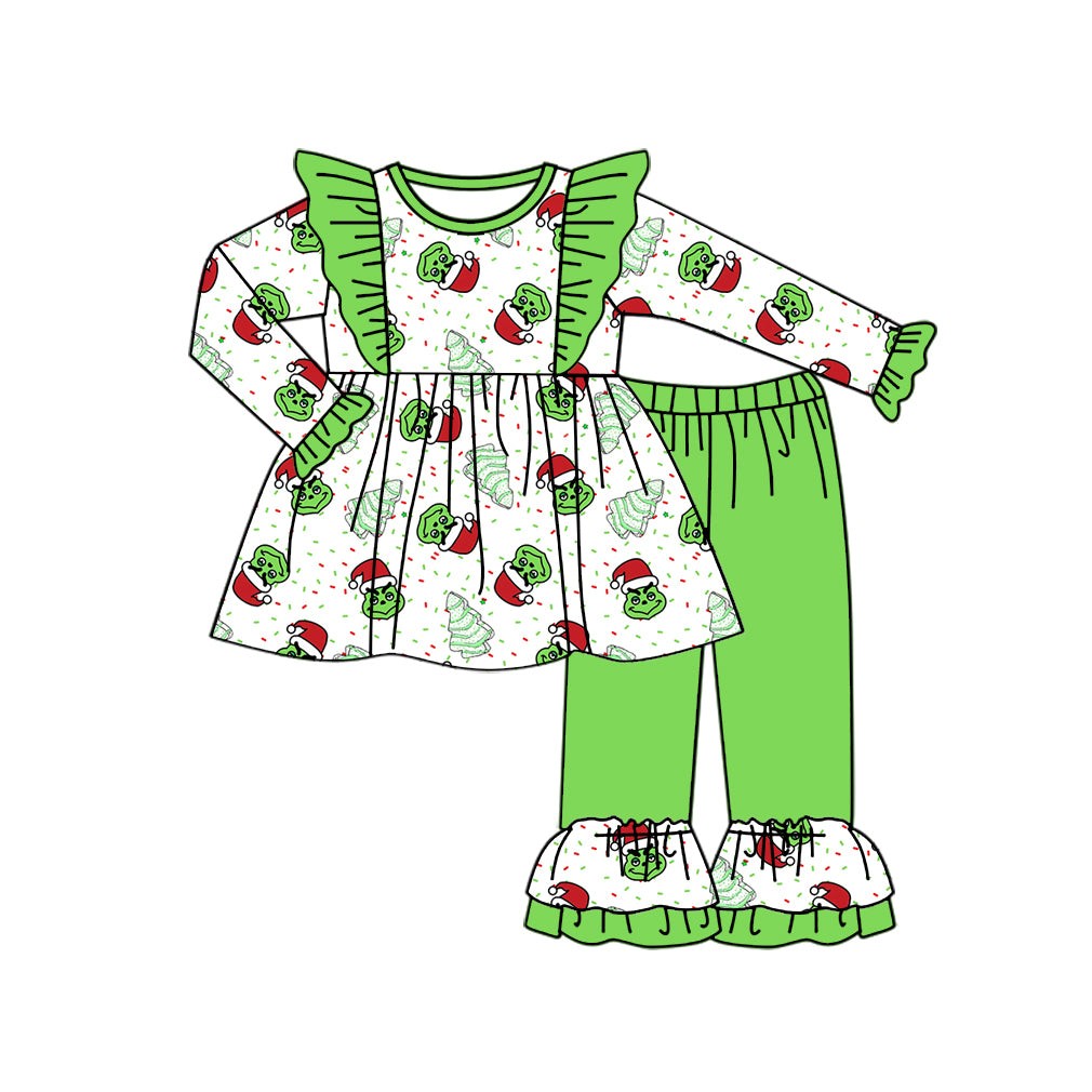 GLP1933 Baby Girls Christmas Green Frog Tunic Tops Ruffle Pants Clothes Sets Preorder