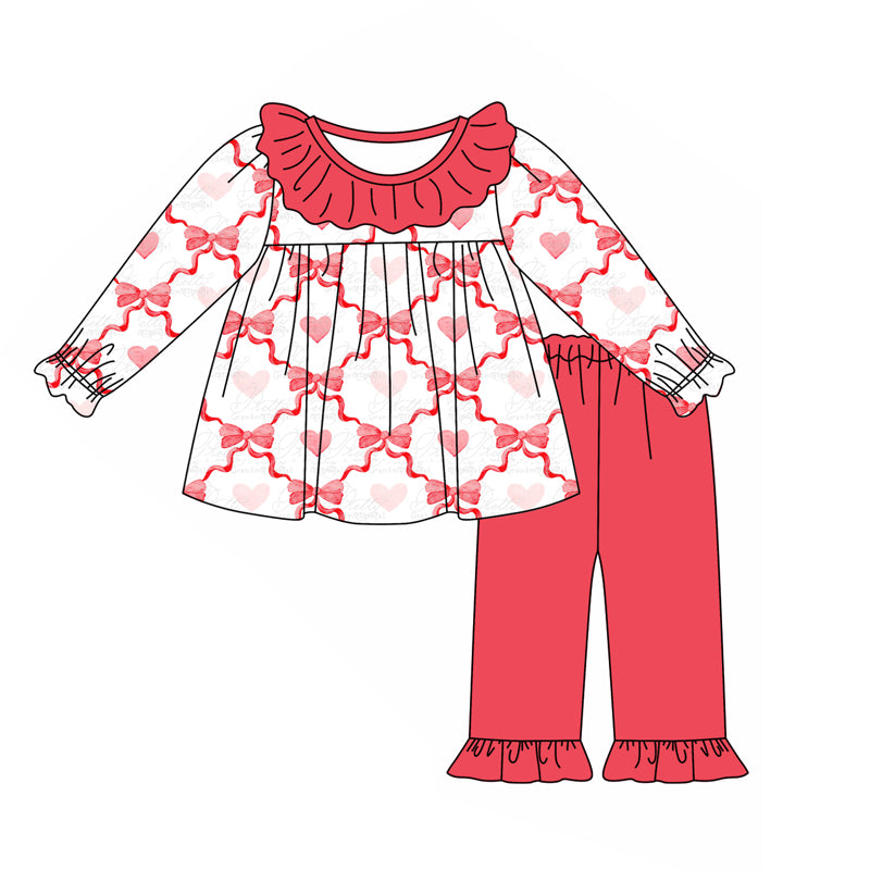 GLP1934 Baby Girls Valentines Hearts Bows Tunic Tops Ruffle Pants Clothes Sets Preorder