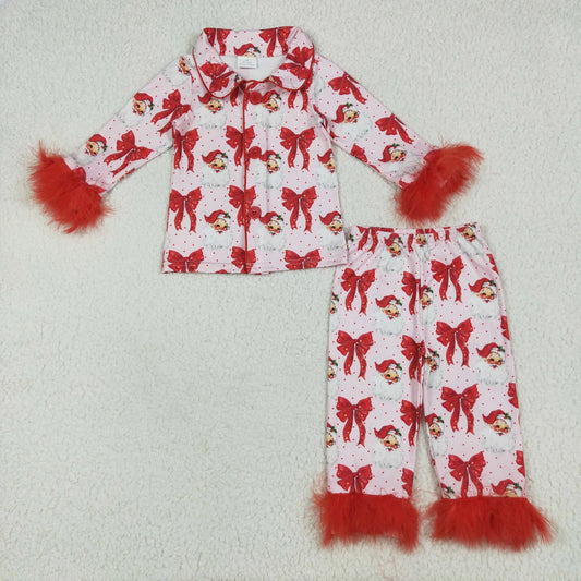 Mommy&Me Red Bows Santa Button Top Pants Christmas Fur Pajamas Sets C10.10