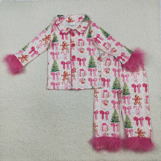 Mommy&Me Pink Bows Santa Trees Button Top Pants Christmas Fur Pajamas Sets C10.10