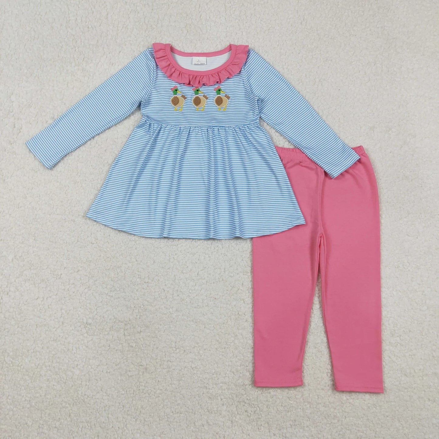 Sibling Baby Girls Embroidery Bow Ducks Blue Stripe Tunic Leggings Valentines Sets Dresses C11.11