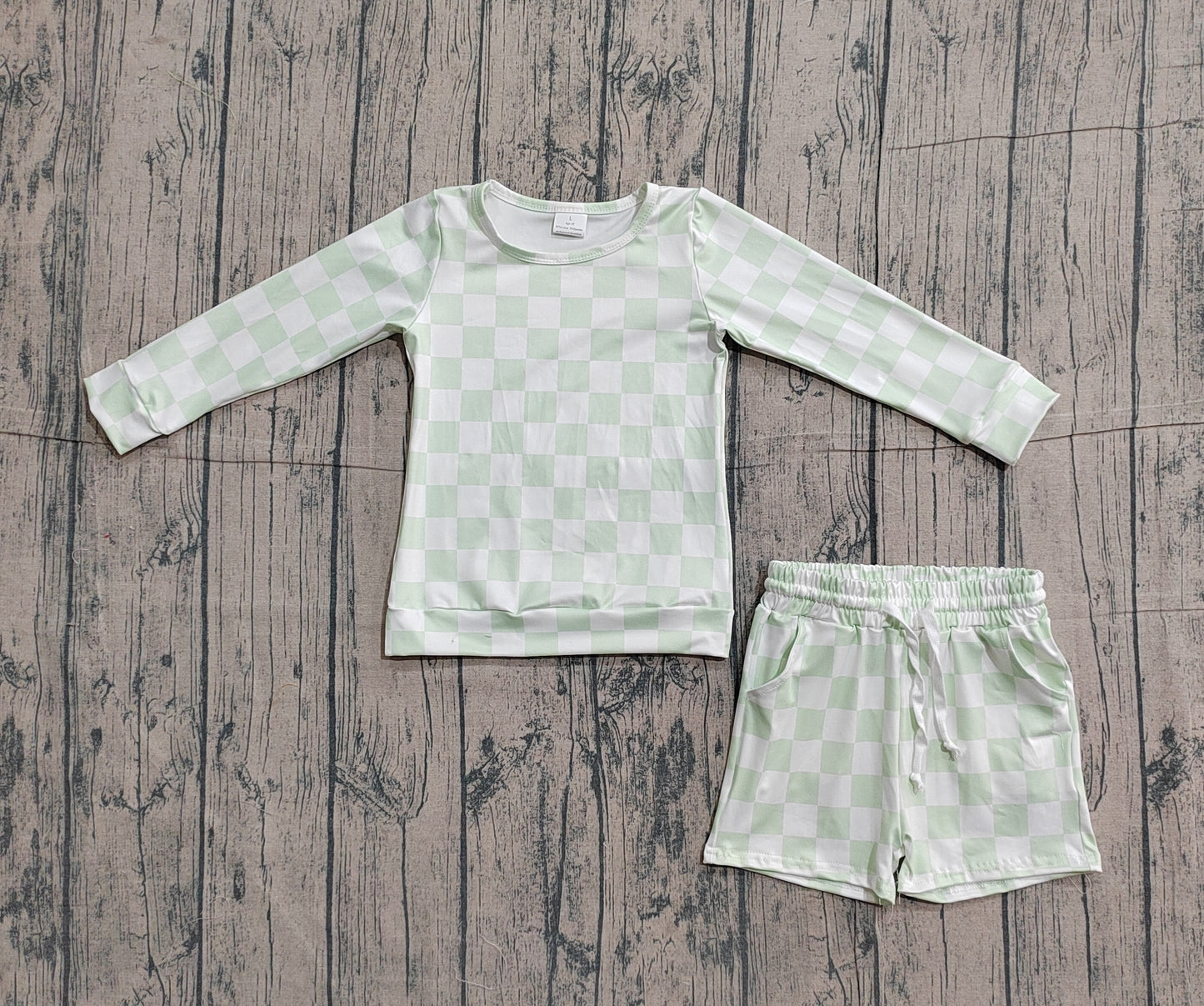 Sample GLS0086 Cute Baby Girls Light Green Checked Long Sleeve Top Pockets Shorts Clothes Sets