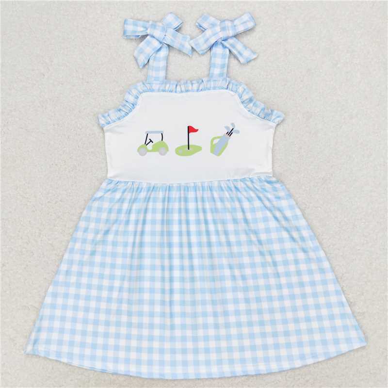 RTS GSD0907 Baby Girls Blue Checkered Golf Dress with Straps Knee-Length Skirt for Little Girls