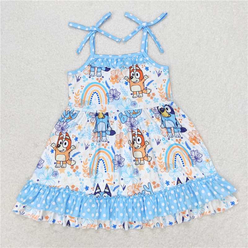 RTS GSD1284 Baby Girls Straps Dresses with Ruffle Knee Length Dogs Print Cute And Fashionable Girls Outfit