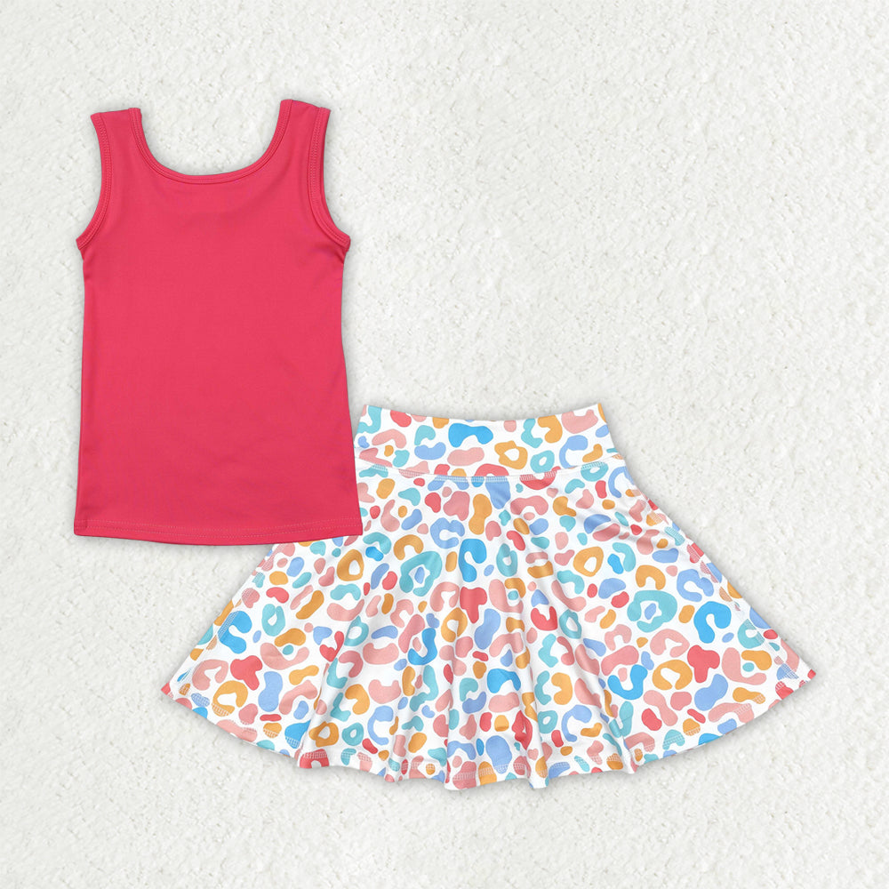 GT0991+GLK0026 Baby Girls Pink Sleeveless Yoga Vests Top Colorful Leopard Skorts Set 4.18