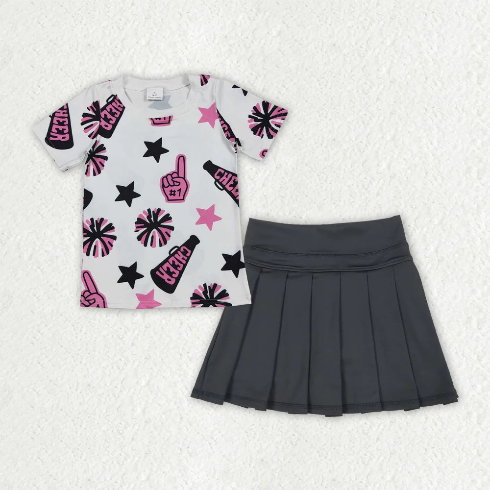 GT0994+GLK0087 Baby Girls Pink Cheer Top Black Yoga Skort Team Set 7.23