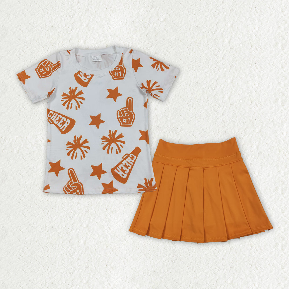 GT1090+GLK0109 Baby Girls Short Sleeves Orange Cheer Team Top Yoga Skorts Set 7.28
