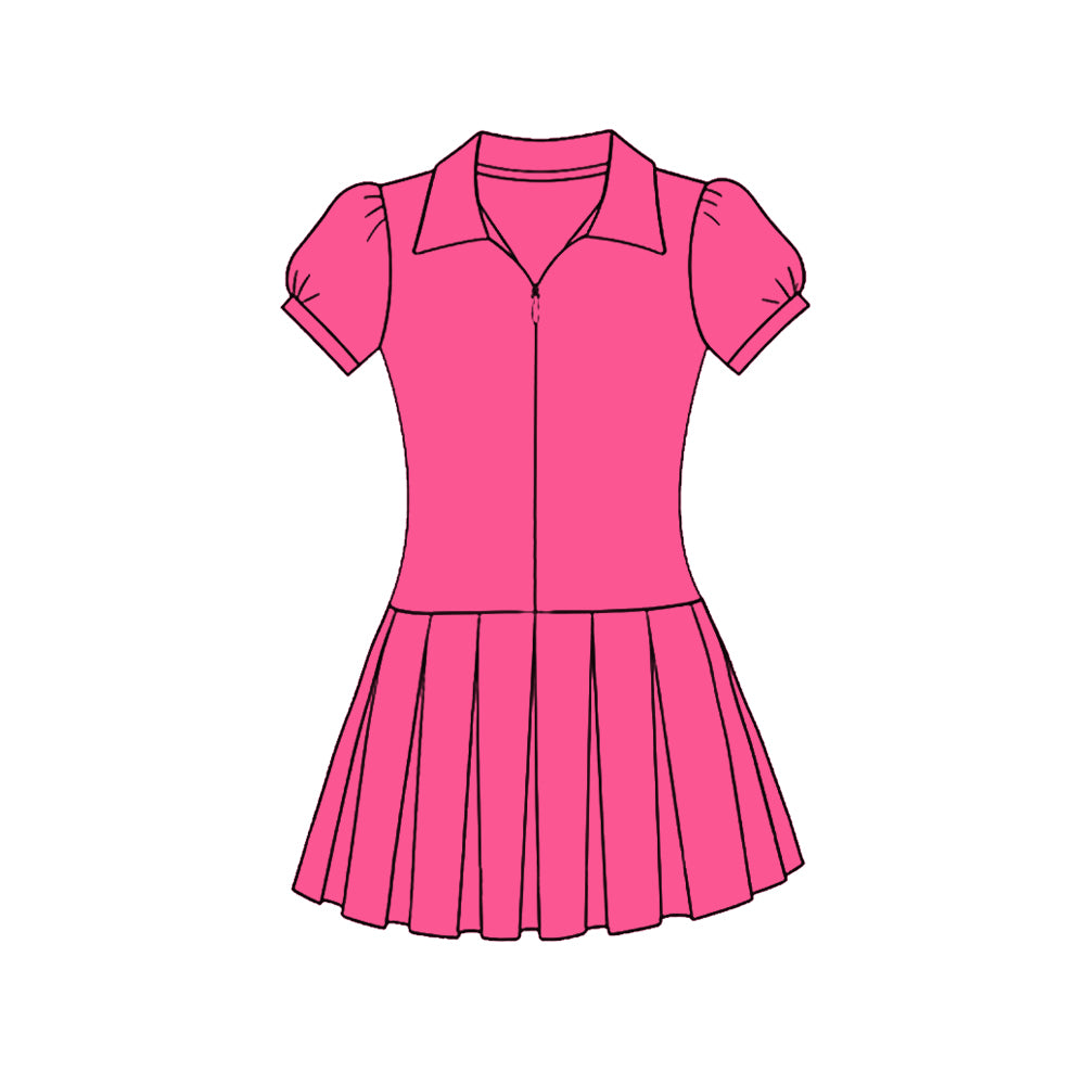 C11.22 GSD3211 Baby Girls Hot Pink Short Sleeve Zipper Pleated Yoga Knee Length Dresses Preorder