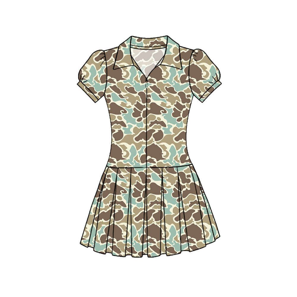 C11.22 GSD3217 Baby Girls Southern Green Camo Zipper Pleated Yoga Knee Length Dresses Preorder