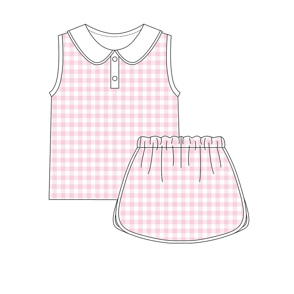 C12.6 GSD3374 Baby Girls Pink Checked Button Collar Top Skirt Shorts Yoga Clothes Sets Preorder