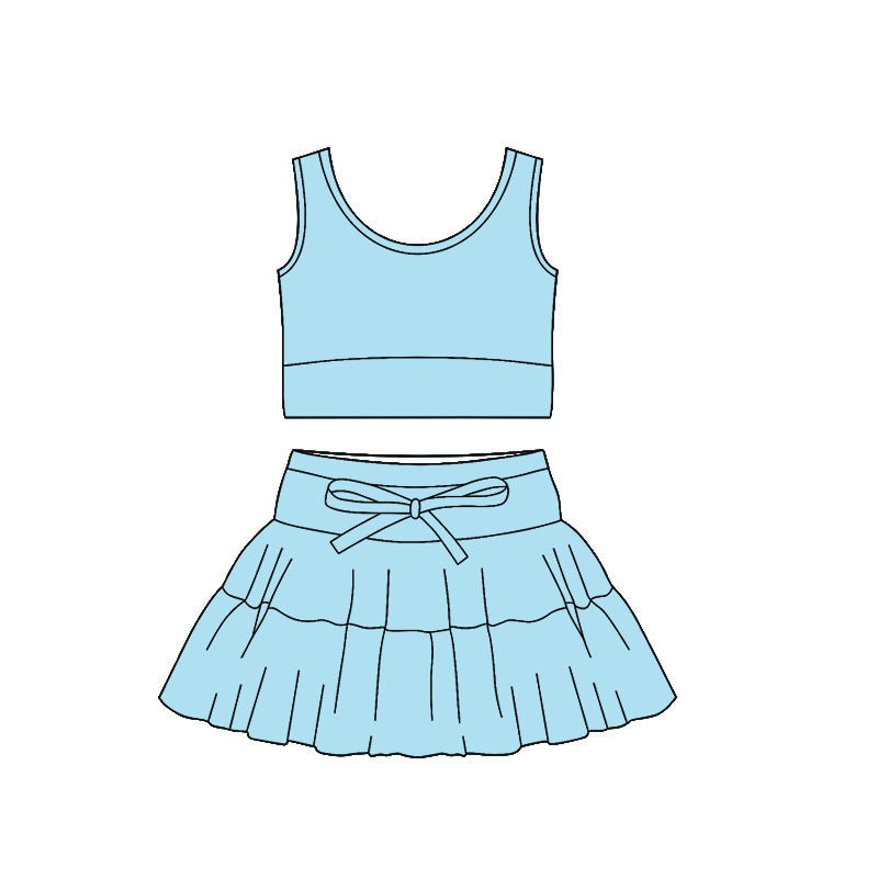 C12.6 GSD3376 Baby Girls Blue Sleeveless Vests Top Ruffle Skirt Shorts Yoga Clothes Sets Preorder