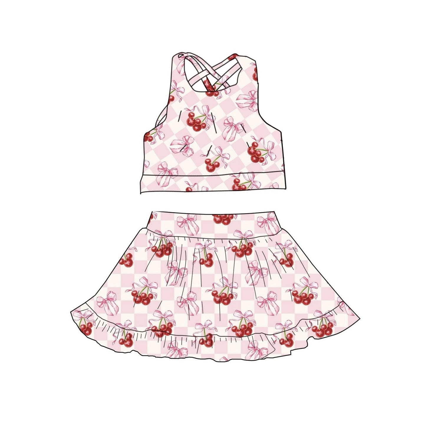 C12.5 GSD3379 Baby Girls Pink Checked Bow Cherry Vests Skirt Shorts Yoga Clothes Sets Preorder