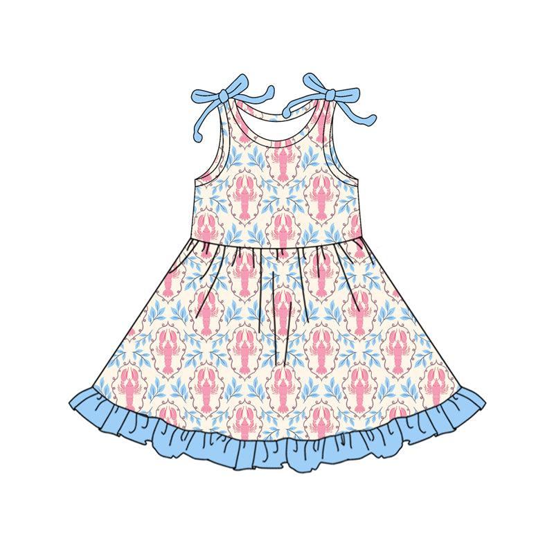 C12.10 GSD3401 Baby Girls Bows Sleeveless Crayfishes Checked Ruffle Knee Length Dresses Preorder