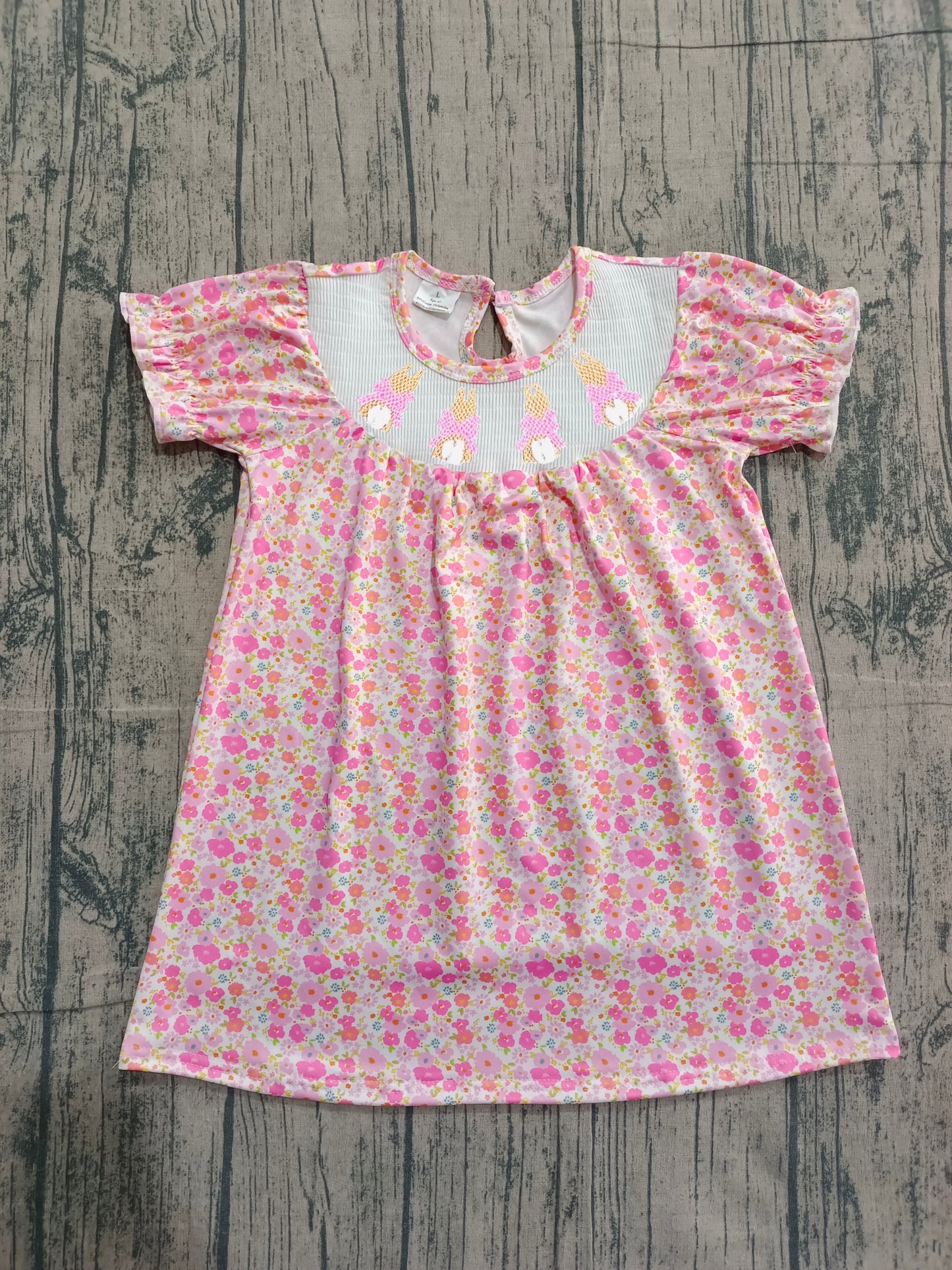 Sample GSD3406 Cute Smocked Bows Rabbits Baby Girls Pink Flowers Easter Knee Length Dresses