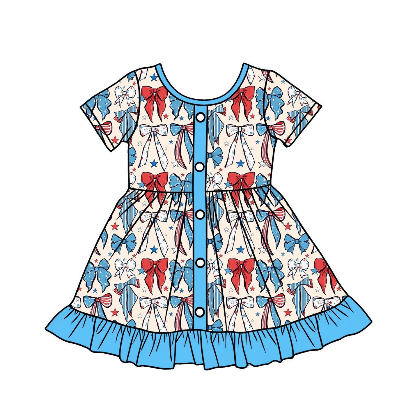 C12.12 GSD3415 Baby Girls Blue Red Bows Stars 4th of July Button Ruffle Knee Length Dresses Preorder