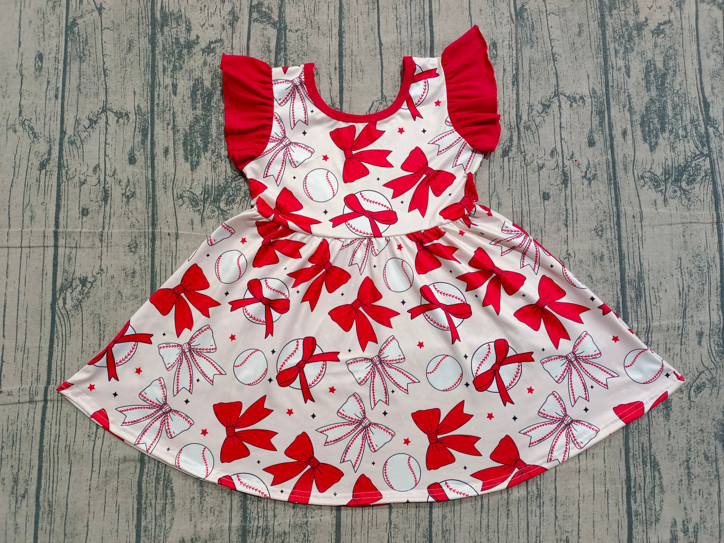 Sample GSD3456 Cute Baby Girls Flutter Sleeve Baseballs Bows Team Knee Length Dresses