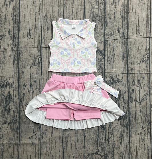 Sample GSD3478 Cute Yoga fabric Baby Girls Pink Bows Flowers Checked Button Top Ruffle Skirt Shorts Yoga Clothes Sets