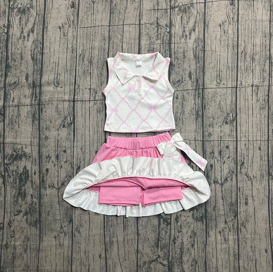 Sample GSD3479 Cute Yoga fabric Baby Girls Pink Bows Checked Button Top Ruffle Skirt Shorts Yoga Clothes Sets
