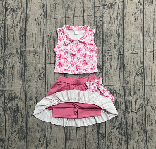 Sample GSD3480 Cute Yoga fabric Baby Girls Pink Checked Bows Button Top Ruffle Skirt Shorts Yoga Clothes Sets