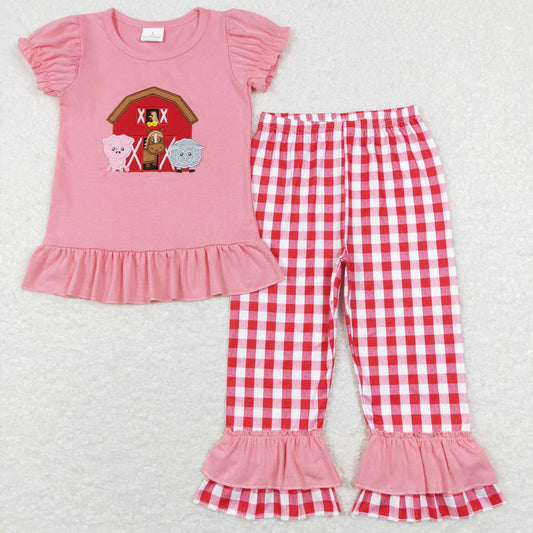 SR0511 Embroidery Farm Animals Red House Pig Horse Sheep Red and White Plaid Lace Pink Short Sleeve Jumpsuit