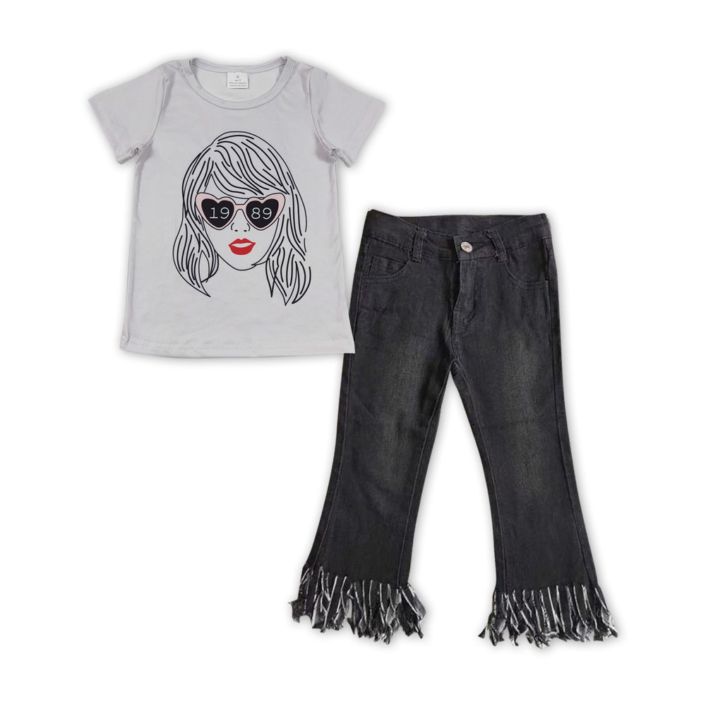 GSPO1471Baby Girls Singer Grey Shirt Black Tassel Denim Jeans Pants Clothes Sets