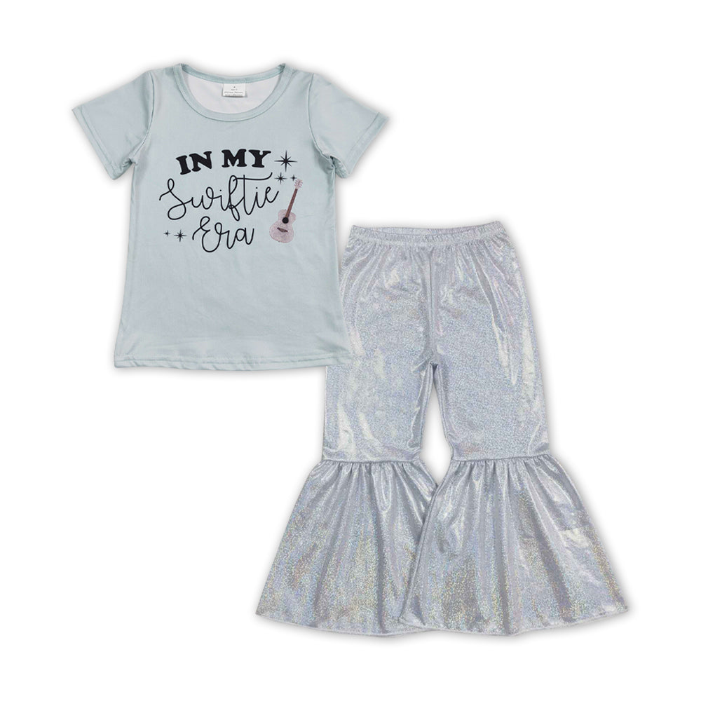 GSPO1480Singer Baby Girls Tee Shirts Tops Silver Sparkle Bell Pants Clothes Sets