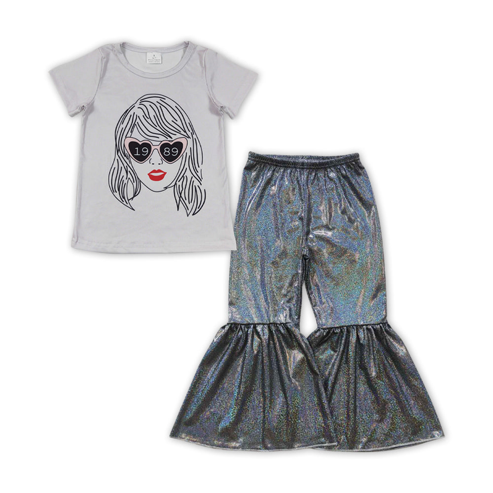 GSPO1481Black Glass Singer Baby Girls Tee Shirts Tops Sparkle Bell Pants Clothes Sets