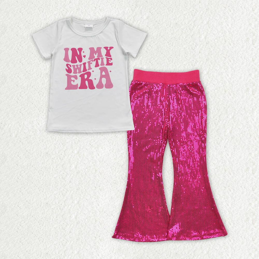 GT0437+P0499 Baby Girls Singer Era Shirt Dark Pink Sequin Flare Pants Clothes Sets