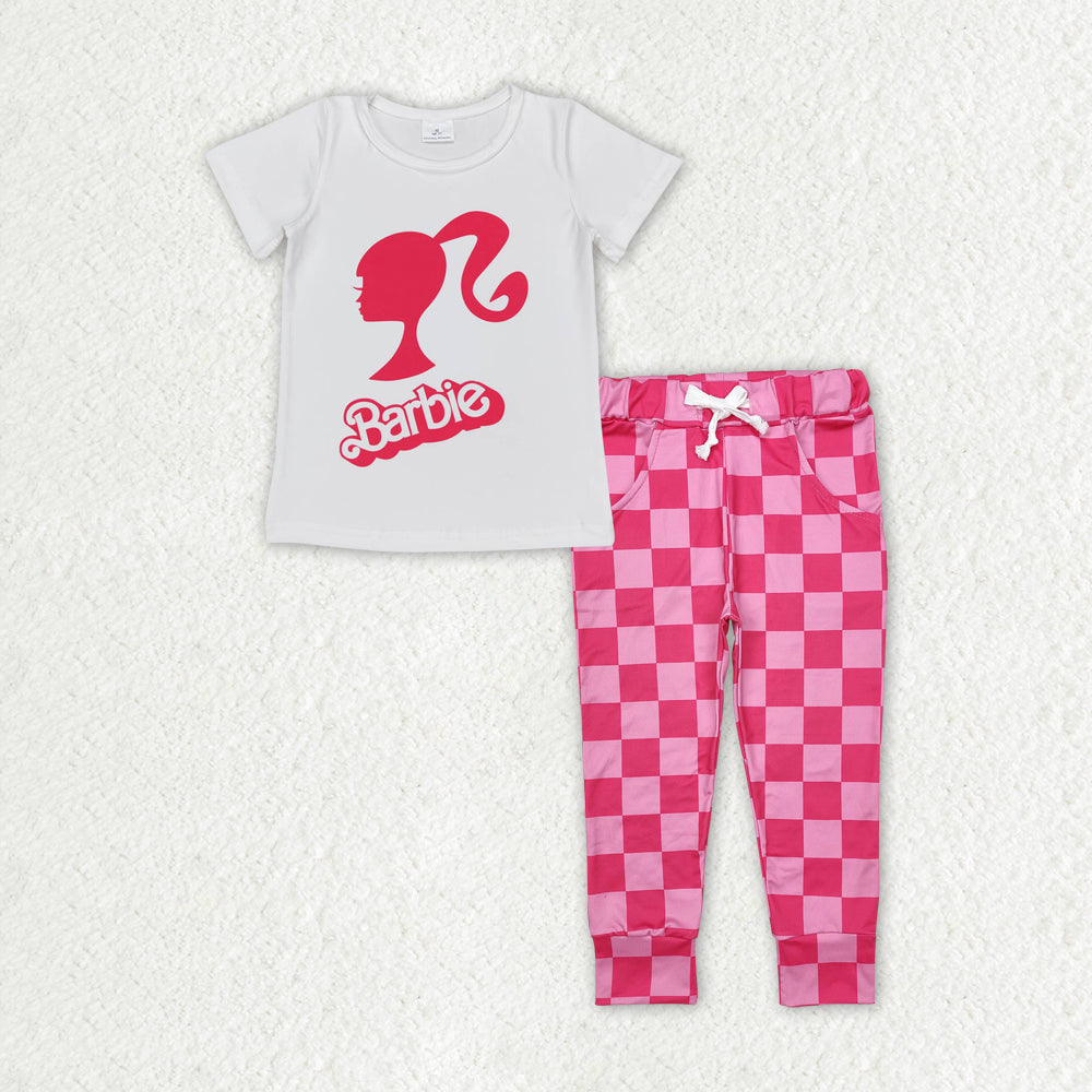 GT0344+P0700 Baby Girls White Doll Shirt Top Checkered Pants Clothes Set