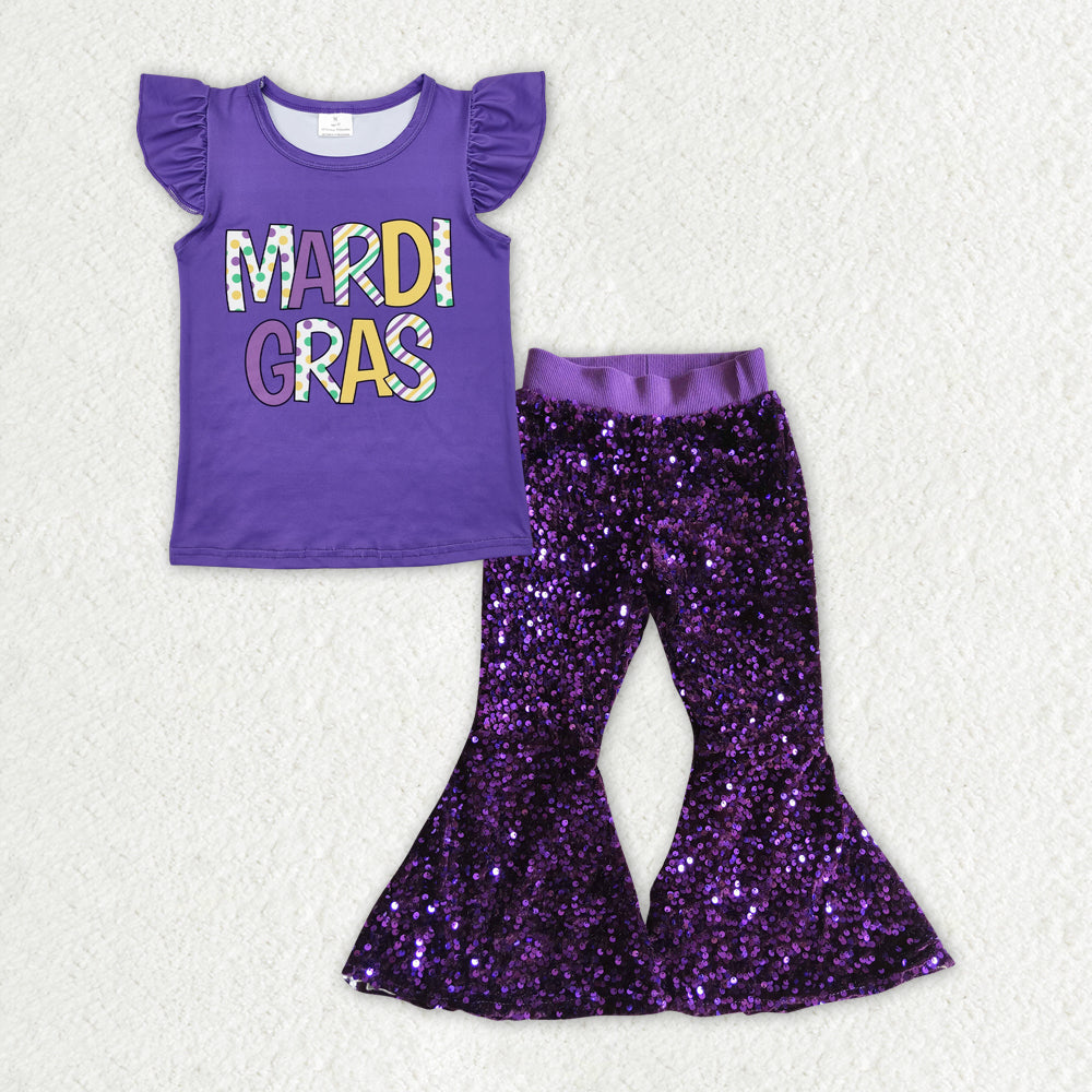 GT0814+P0032 Baby Girls Mardi Gras Flutter Sleeve Top Purple Sequin Pants Clothes Set