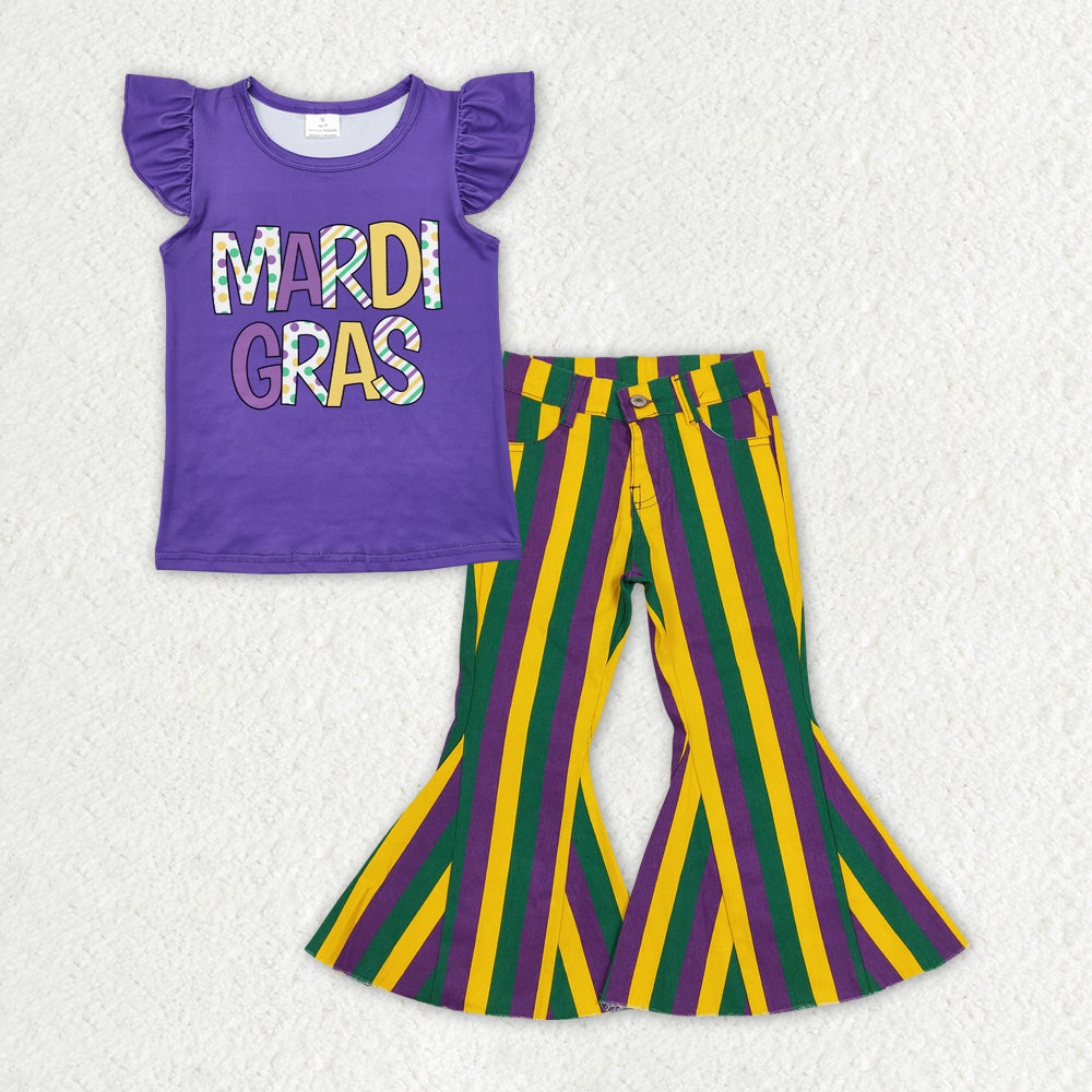 GT0814+P0327 Girls Baby Mardi Gras Flutter Sleeve Shirt Stripes Denim Jeans Pants Clothes Set